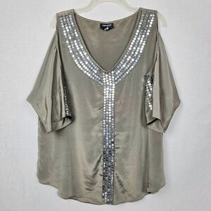 Metrostyle L Taupe Sequin Embellished Blouse Cold Shoulder
